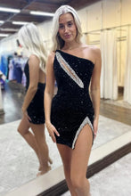 Load image into Gallery viewer, Black One Shoulder Short Sequin Homecoming Dress With Beading and Slit
