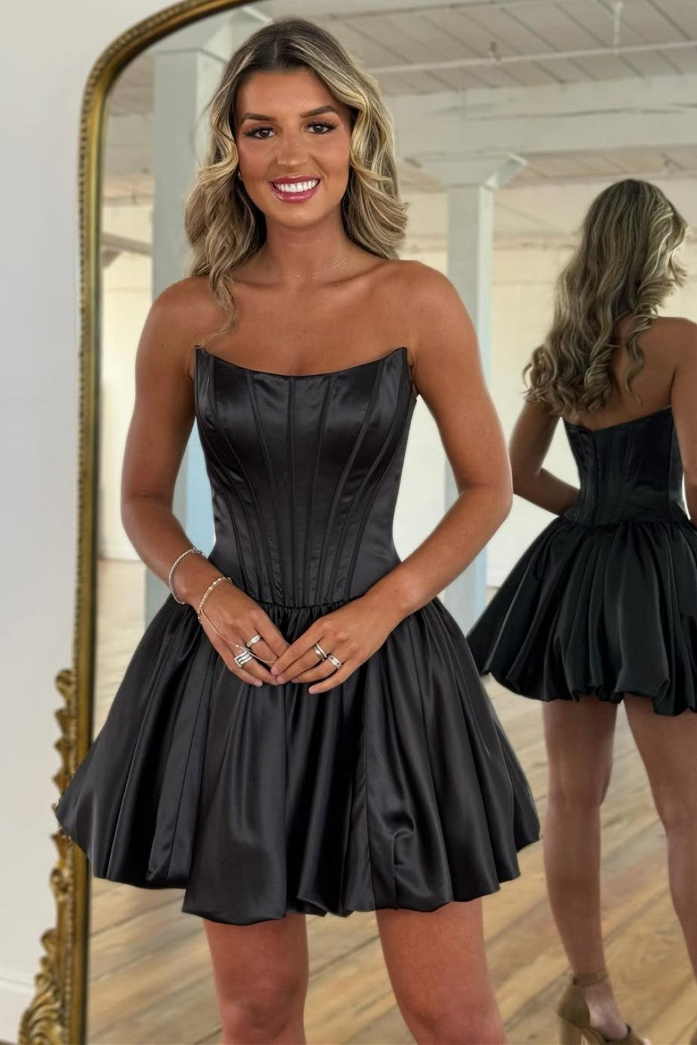 Luuvis Women Black Satin Strapless Corset Homecoming Dress with Pleated
