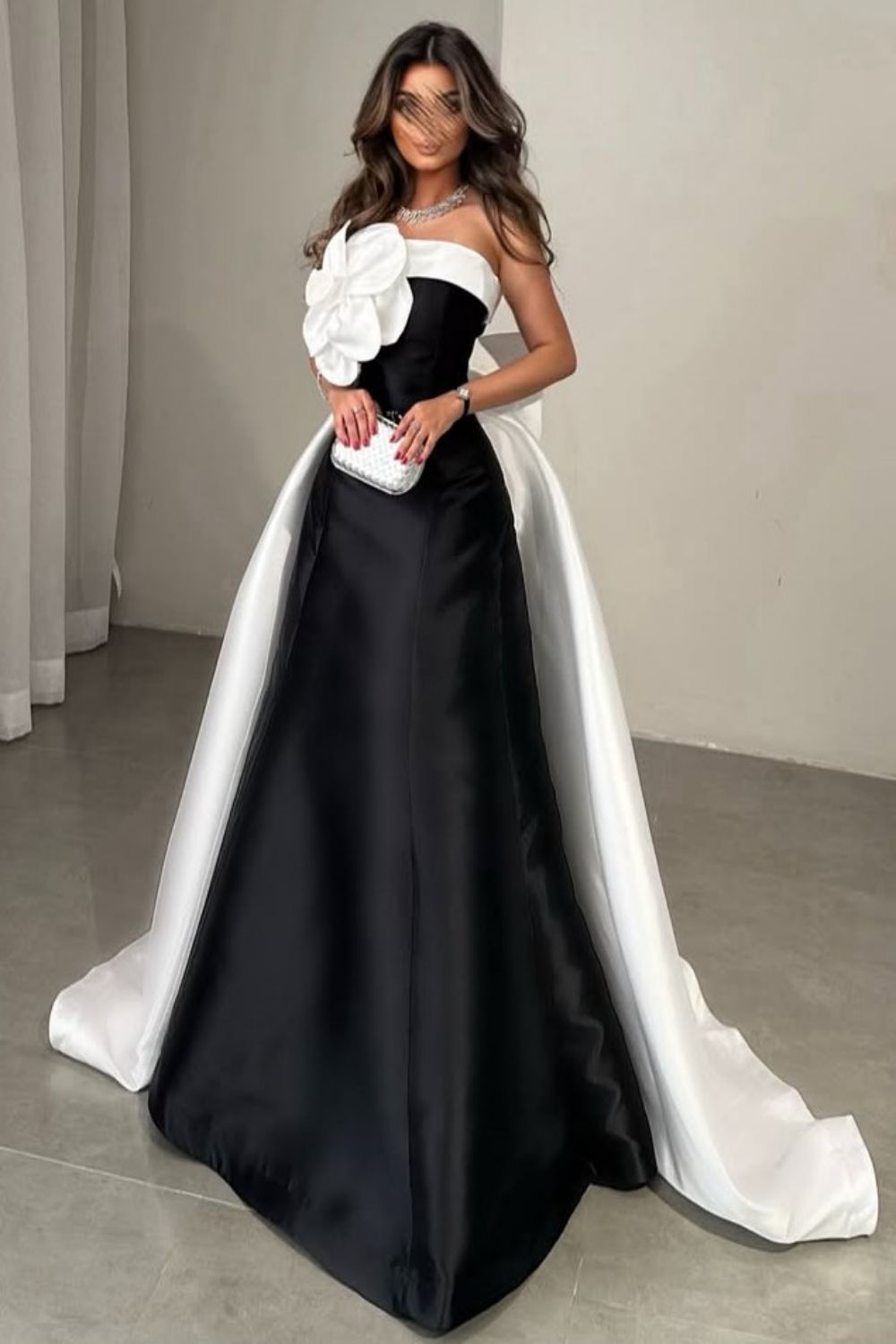 Black and White A-Line Long Satin Party Dress with Flower and Bowknot