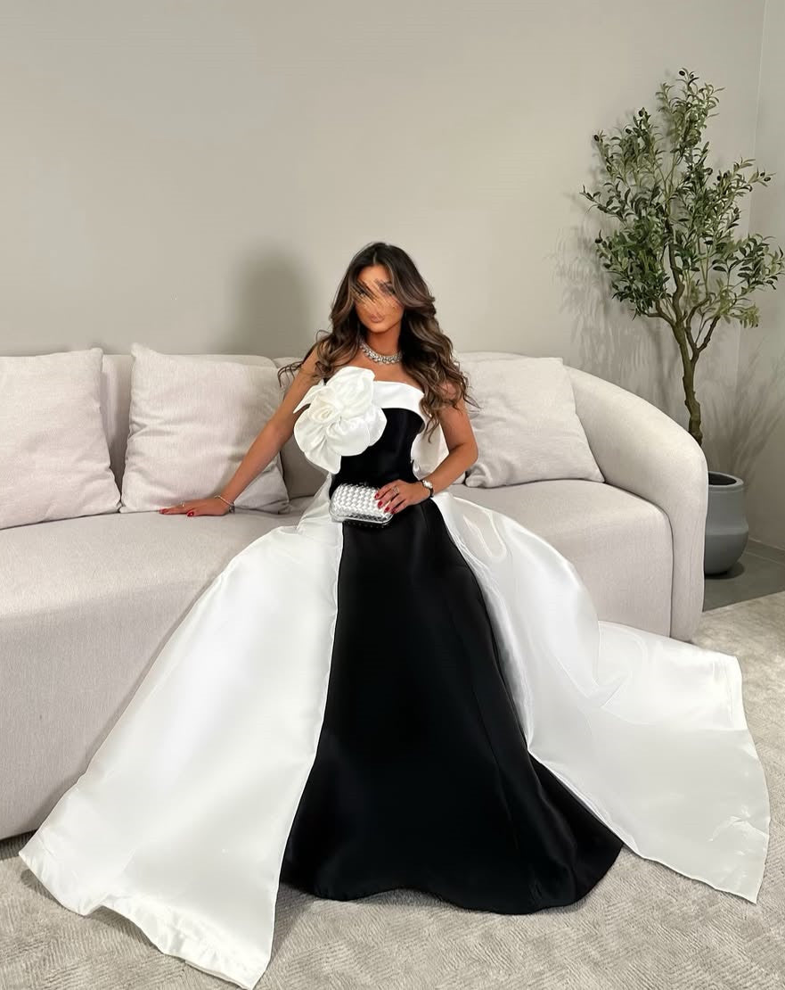 Luuvis Women Black and White A-Line Long Satin Party Dress with Flower
