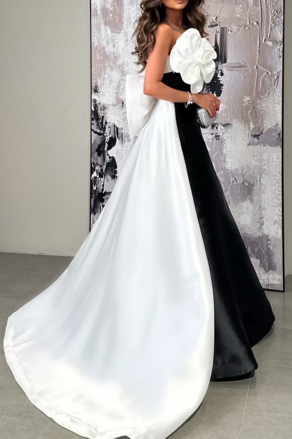 Luuvis Women Black and White A-Line Long Satin Party Dress with Flower