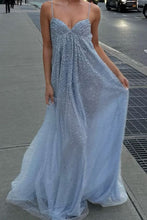 Load image into Gallery viewer, Shine A Line Spaghetti Straps Grey Blue Long Prom Dress with Beading