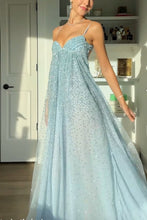 Load image into Gallery viewer, Shine A Line Spaghetti Straps Grey Blue Long Prom Dress with Beading