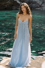 Load image into Gallery viewer, Shine A Line Spaghetti Straps Grey Blue Long Prom Dress with Beading