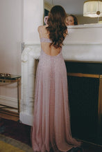 Load image into Gallery viewer, Shine A Line Spaghetti Straps Grey Blue Long Prom Dress with Beading