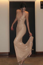 Load image into Gallery viewer, Sparkly Mermaid Spaghetti Straps Light Champagne Sequins Long Prom Dress