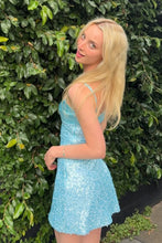 Load image into Gallery viewer, Bling A Line Spaghetti Straps Blue Sequins Short Homecoming Dress