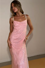 Load image into Gallery viewer, Bling Sheath Spaghetti Straps Pink Long Prom Dress with Beading