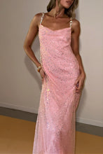 Load image into Gallery viewer, Bling Sheath Spaghetti Straps Pink Long Prom Dress with Beading