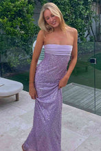 Load image into Gallery viewer, Bling Sheath Strapless Lilac Long Prom Dress with Pearls