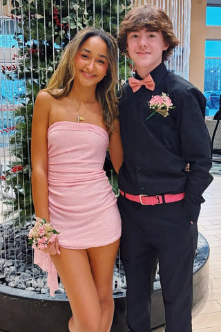 Bling Sheath Strapless Pink Sequins Short Homecoming Dress with Ruffles