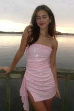 Load image into Gallery viewer, Bling Sheath Strapless Pink Sequins Short Homecoming Dress with Ruffles
