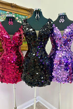 Load image into Gallery viewer, Bling Sheath V Neck Fuchsia/Black/Purple Sequins Short Homecoming Dress