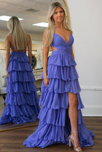 Load image into Gallery viewer, Blue A-Line Spaghetti Straps Lace Up Long Tiered Prom Dress with Slit
