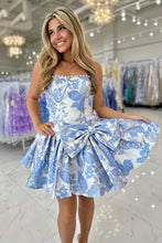 Load image into Gallery viewer, Blue Floral Jacquard Homecoming Dress with Oversized Bow and Pearl Trim