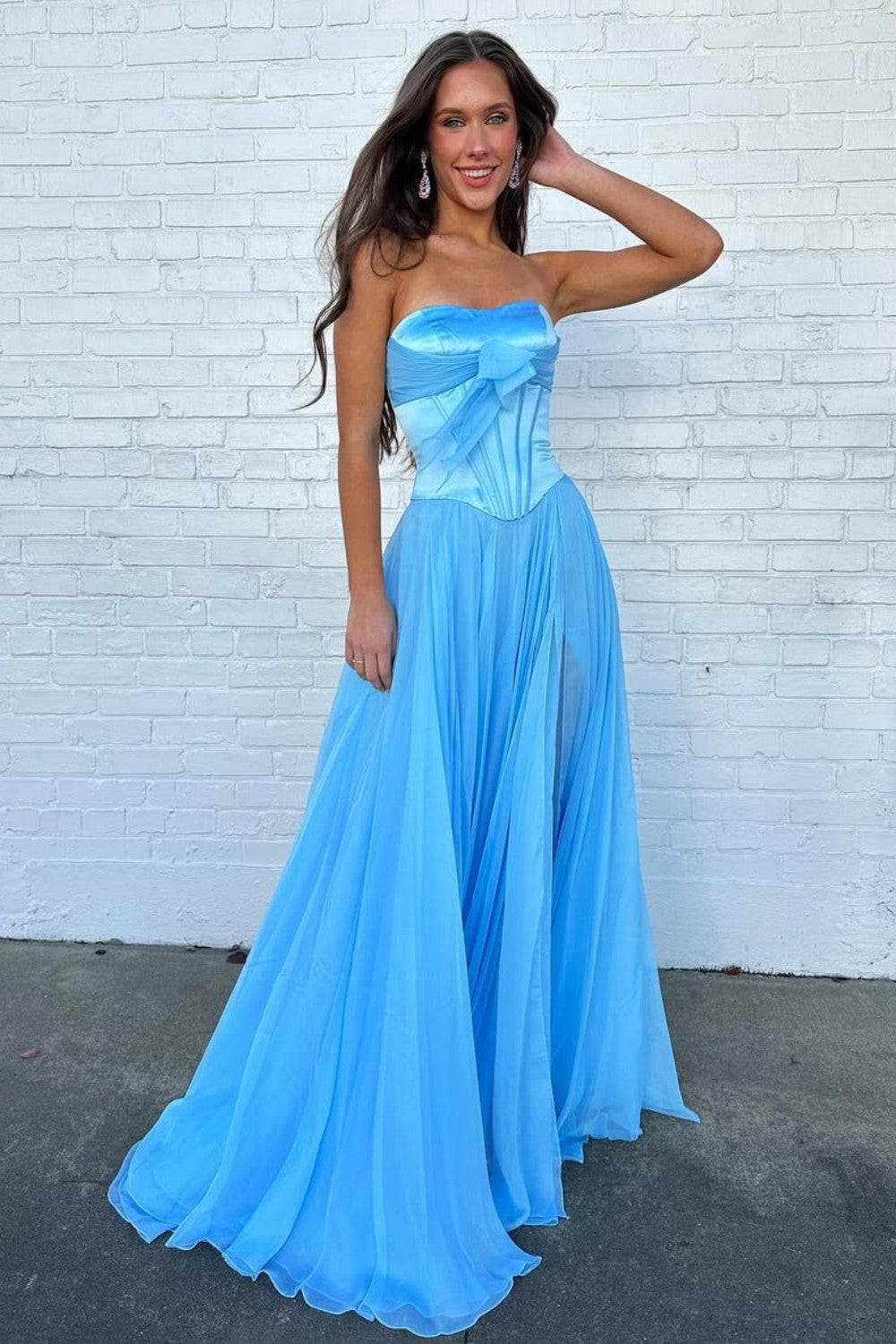 Pretty A Line Sweetheart Blue Corset Prom Dress with Bowknot