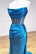 Load image into Gallery viewer, Blue Mermaid Strapless Sweep Train Satin Prom Dress With Split And Pleating