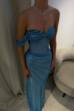Load image into Gallery viewer, Luxurious Blue One-Shoulder Sparkly Mermaid Prom Dress with Ruched Detailing