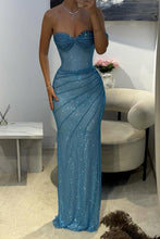 Load image into Gallery viewer, Luxurious Blue One-Shoulder Sparkly Mermaid Prom Dress with Ruched Detailing
