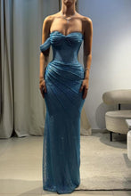 Load image into Gallery viewer, Luxurious Blue One-Shoulder Sparkly Mermaid Prom Dress with Ruched Detailing