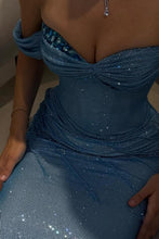 Load image into Gallery viewer, Luxurious Blue One-Shoulder Sparkly Mermaid Prom Dress with Ruched Detailing