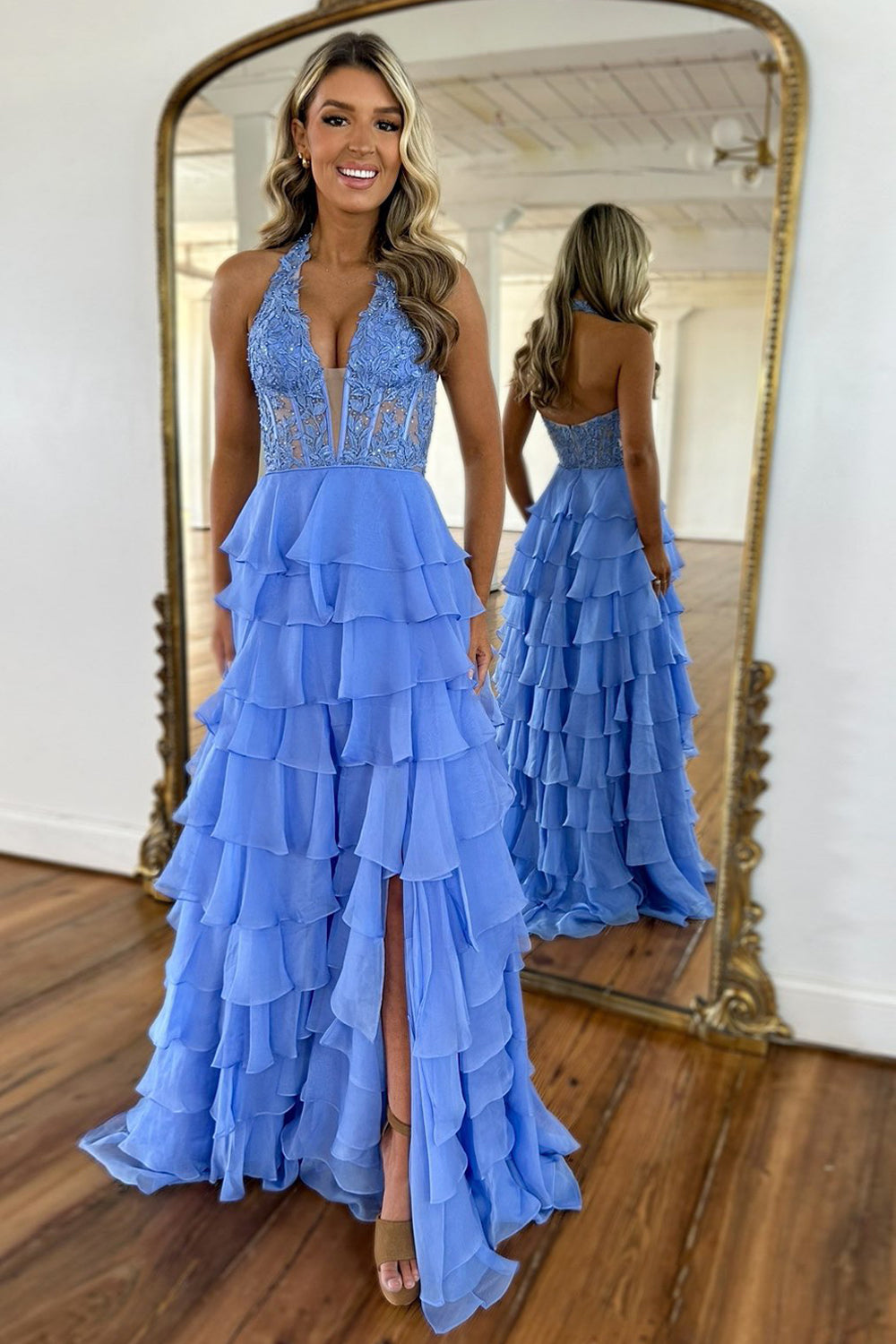 Luuvis Women Blue A-Line Halter Neck Lace Top Long Tiered Chiffon Prom Dress With Slit