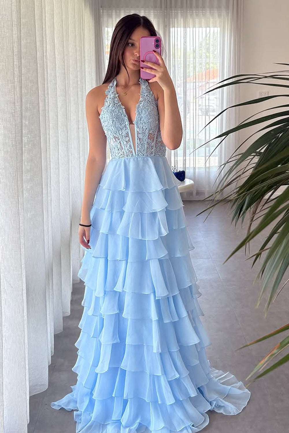 Luuvis Women Blue A-Line Halter Neck Lace Top Long Tiered Chiffon Prom Dress  With Slit