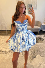 Load image into Gallery viewer, Blue and White Floral Sweetheart Corset Bubble Skirt Homecoming Dress
