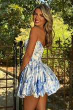 Load image into Gallery viewer, Blue and White Floral Sweetheart Corset Bubble Skirt Homecoming Dress
