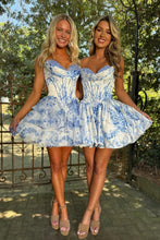 Load image into Gallery viewer, Blue and White Floral Sweetheart Corset Bubble Skirt Homecoming Dress
