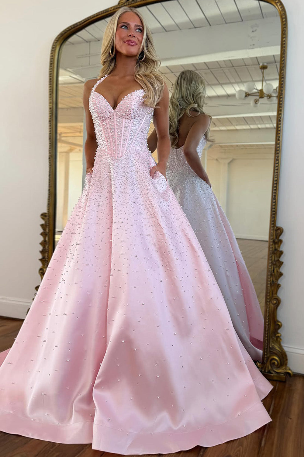 pink halter wedding dress BABARONI BABARONI Chiffon Pearl Pink Bridesmaid Dresses Halter Floor-length Sleeveless Bow A-line, Pearl Pink / US0