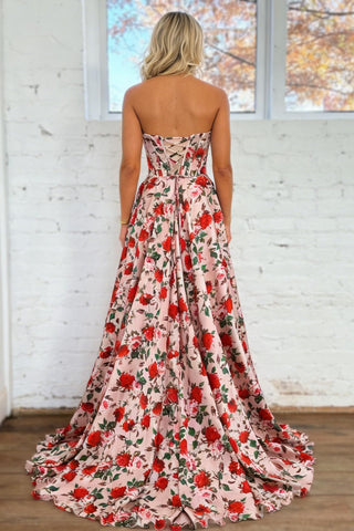 Pretty A Line Blush Pink Floral Sweetheart Corset Prom Dress with Lace Up Back