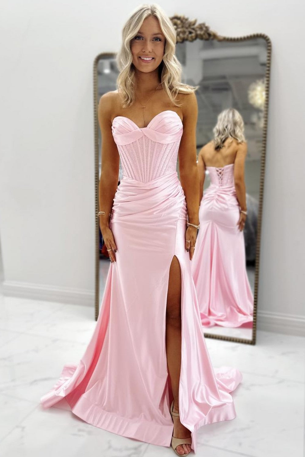 Stylish Mermaid Sweetheart Pink Corset Prom Dress with Beading