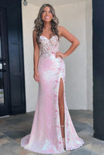 Load image into Gallery viewer, Sparkly Mermaid Spaghetti Straps Blush Pink Sequin Prom Dress with Corset Bodice and Slit