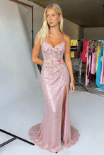 Load image into Gallery viewer, Bling Mermaid Spaghetti Straps Blush Pink Sequin Prom Dress with Embroidery