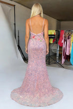 Load image into Gallery viewer, Bling Mermaid Spaghetti Straps Blush Pink Sequin Prom Dress with Embroidery