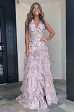 Load image into Gallery viewer, Gorgeous A Line Halter Neck Pink Floral Printed Corset Prom Dress with Ruffles
