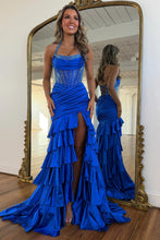 Load image into Gallery viewer, Gorgeous Mermaid Halter Neck Royal Blue Corset Prom Dress with Beading Ruffles