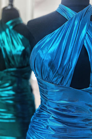 Bodycon Halter Neck Open Back Short Tight Metallic Homecoming Dress