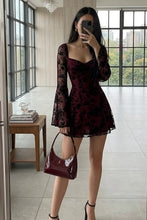 Load image into Gallery viewer, Burgundy Lace Long Sleeve Short Homecoming Dress with Floral Detail