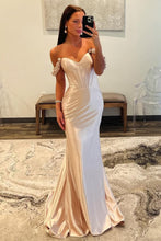 Load image into Gallery viewer, Stunning Mermaid Off the Shoulder Champagne Corset Prom Dress with 3D Flowers