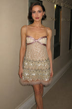 Load image into Gallery viewer, Champagne Sequin Fringe Homecoming Dress with Satin Bow Bust and Feather Hem