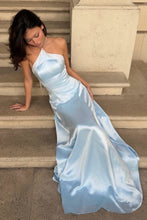 Load image into Gallery viewer, Charming A Line Halter Neck Light Blue Satin Long Prom Dress