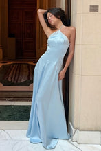 Load image into Gallery viewer, Charming A Line Halter Neck Light Blue Satin Long Prom Dress