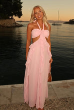 Load image into Gallery viewer, Charming A Line Halter Neck Pink Long Prom Dress with Ruffles
