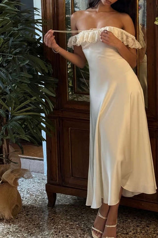 Charming A Line Off the Shoulder White Tea Length White Party Dress with Lace