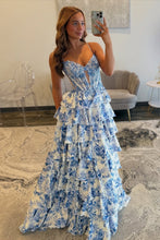 Load image into Gallery viewer, Gorgeous A Line Spaghetti Straps Blue Corset Prom Dress with Appliques Ruffles