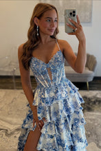 Load image into Gallery viewer, Gorgeous A Line Spaghetti Straps Blue Corset Prom Dress with Appliques Ruffles