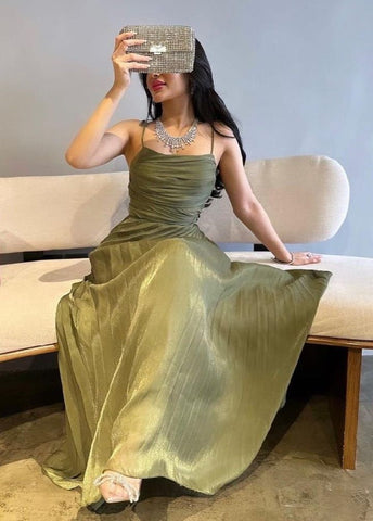 Charming A Line Spaghetti Straps Green Tulle Long Prom Dress with Ruffles