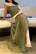 Load image into Gallery viewer, Charming A Line Spaghetti Straps Green Tulle Long Prom Dress with Ruffles